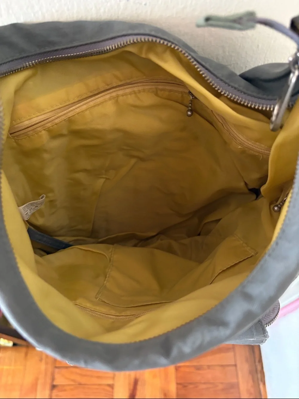Baggalini Brussels Gray Crossbody Bag with O-Rings, Double Strap & Yellow Lining